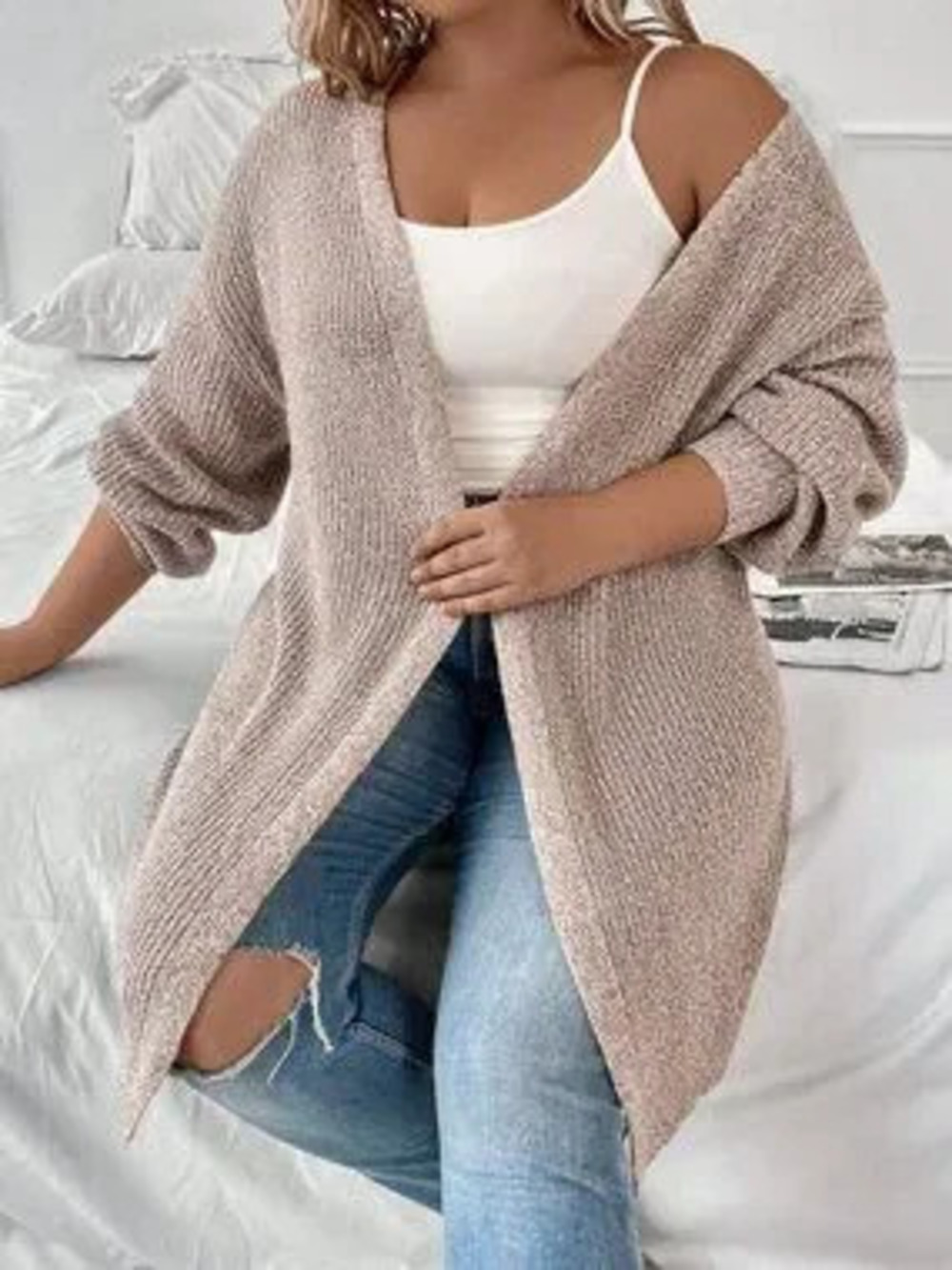 ZARA Khaki Women's Casual Plus Size Versatile Knitted V-Neck Cardigan - Picture 3 of 6